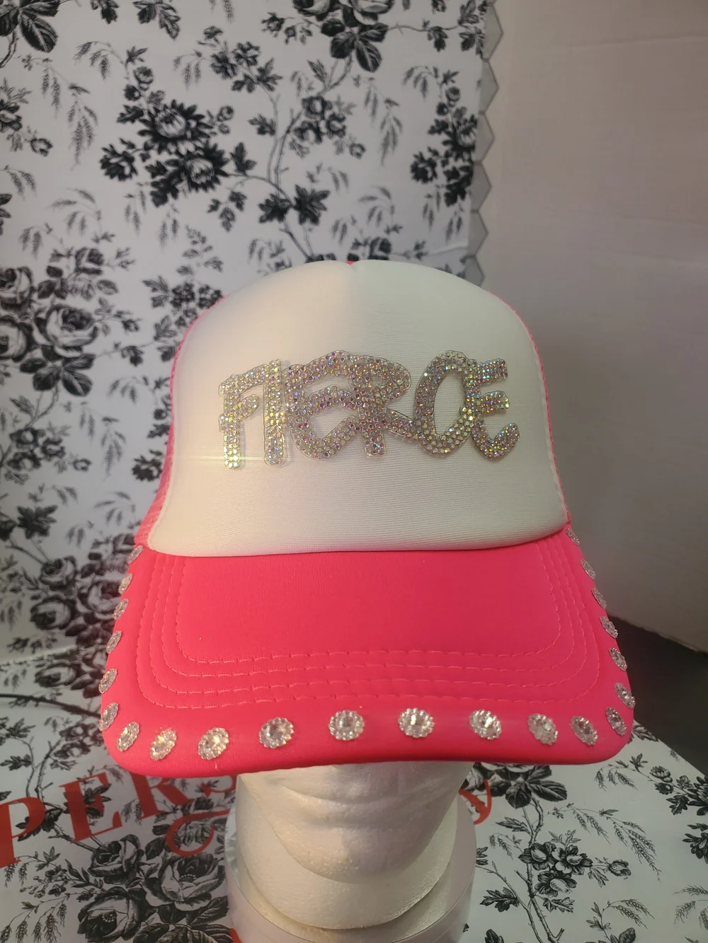 Pink and White Rhinestone 'Fierce' Trucker Hat